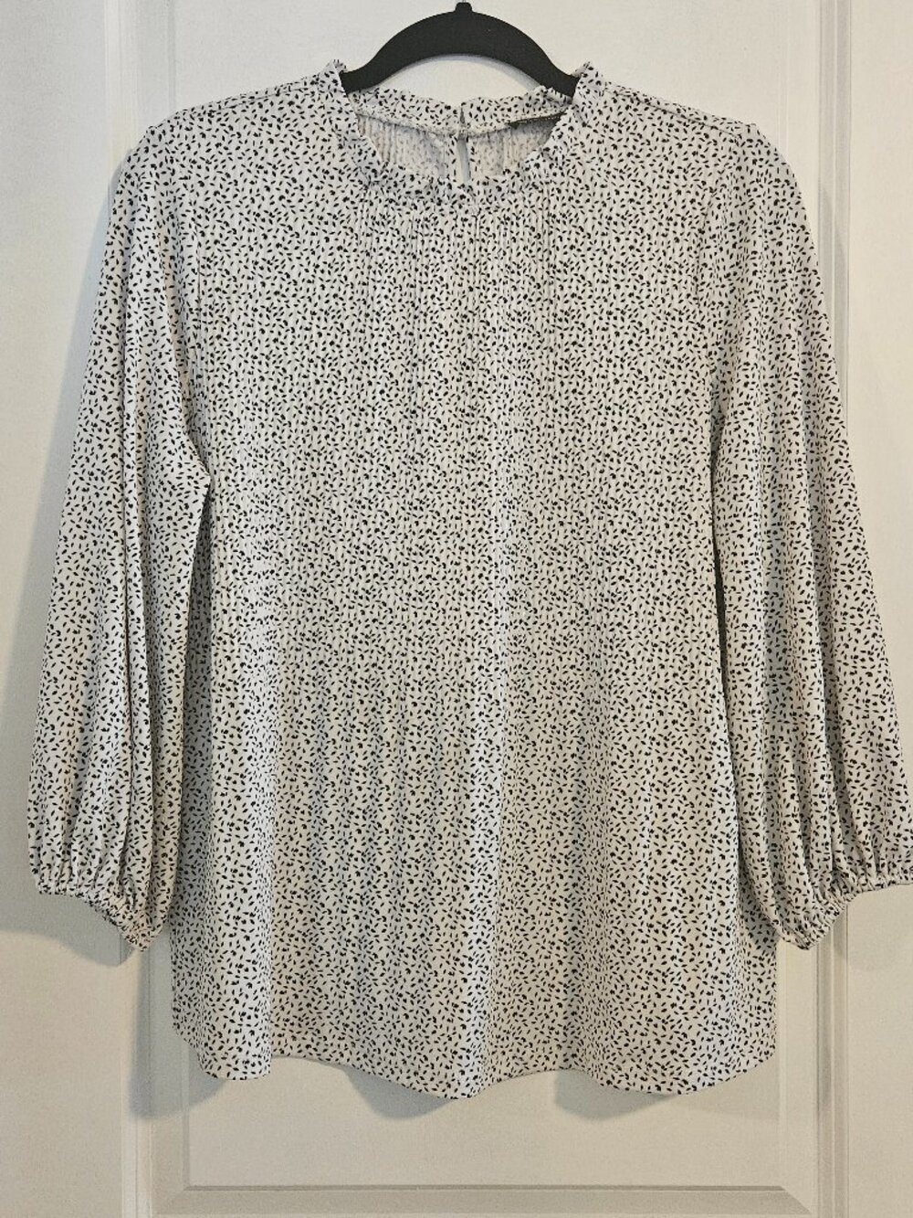 Adrianna Papell White Black Print Blouse Size XL Pleated Bodice 3/4 Sleeve